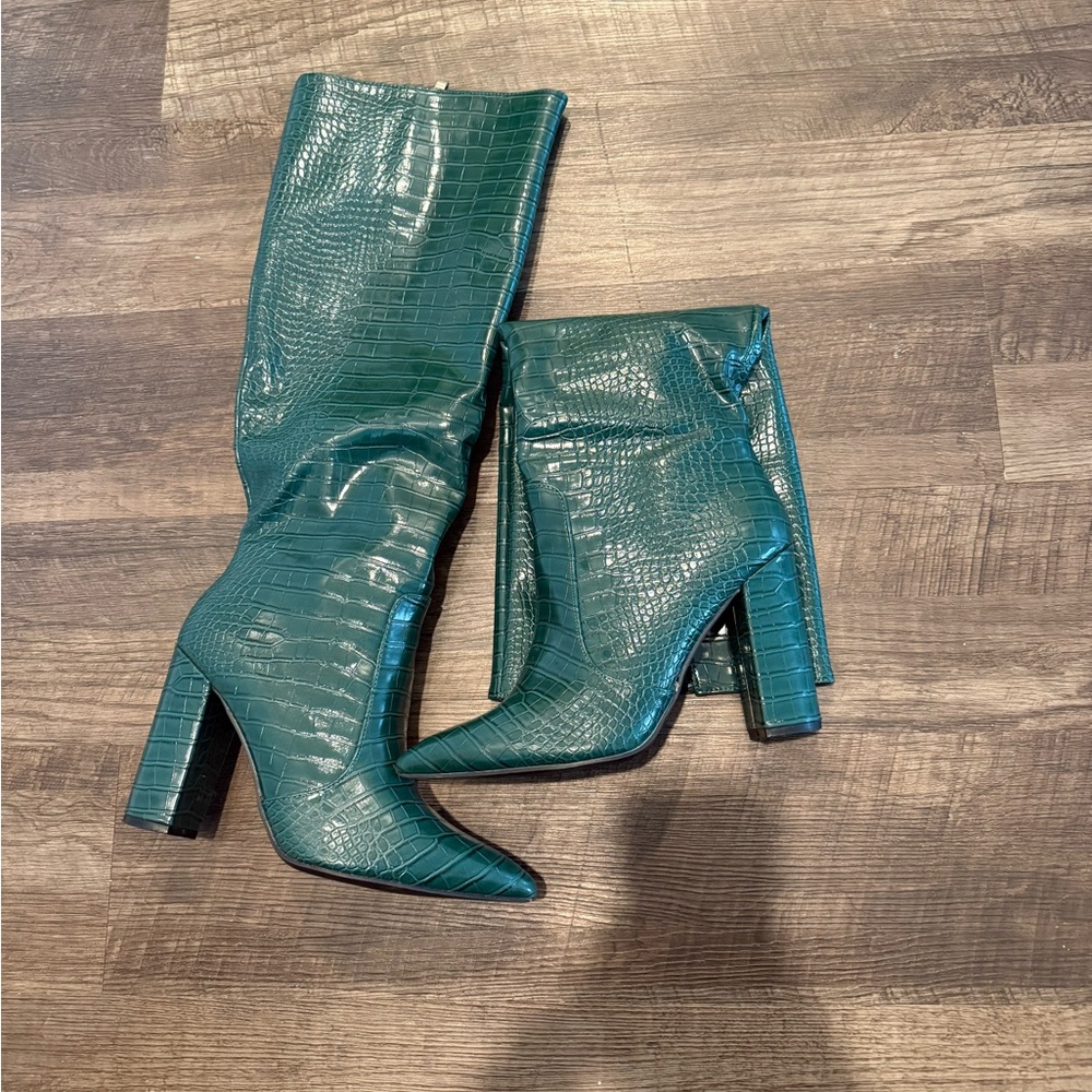 Hues of Ego Teal Croc-Embossed Heeled Boots